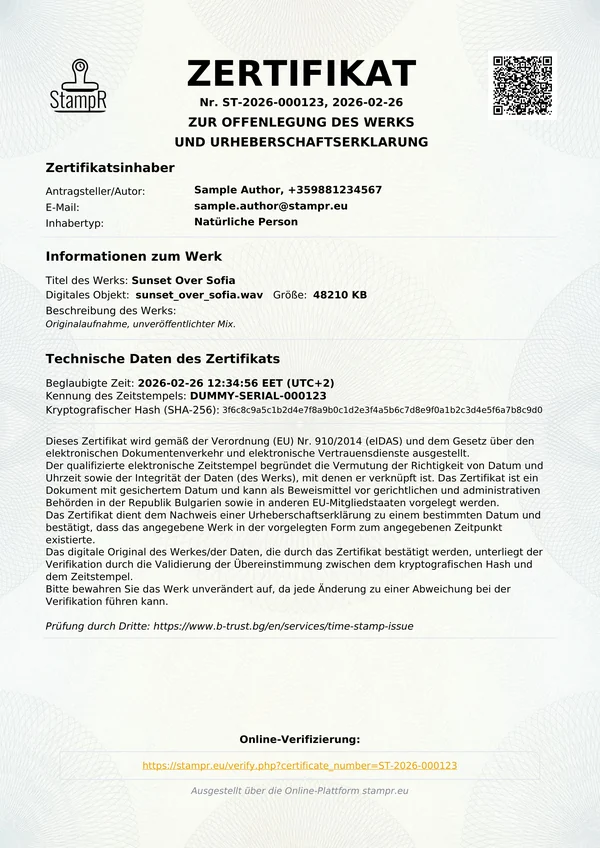 Echtes StampR-Urheberschaftszertifikat mit verifiziertem Datum