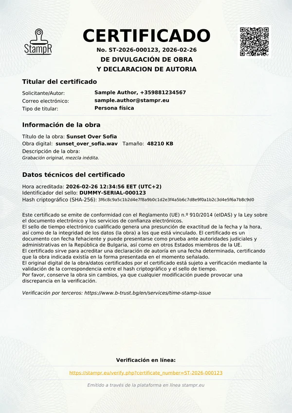 Certificado de autoría StampR real con fecha verificada