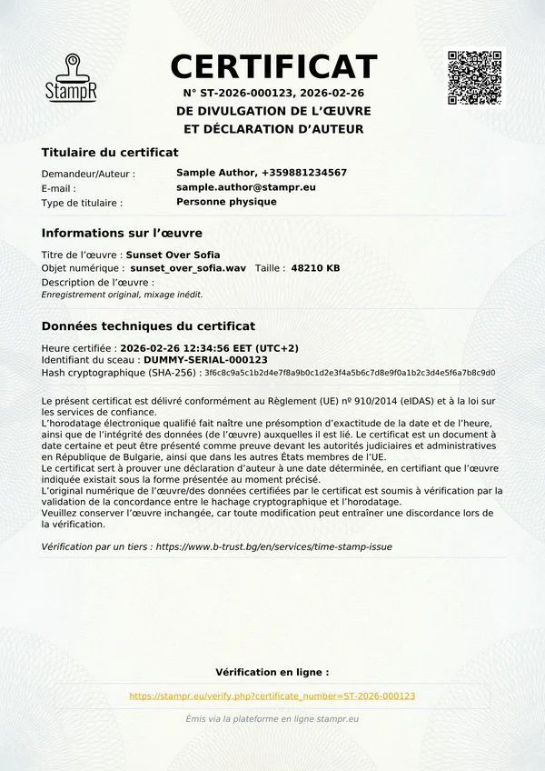Certificat de paternité StampR réel avec date vérifiée