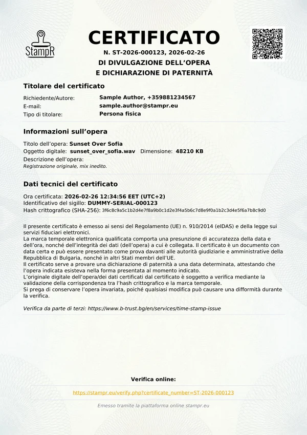 Certificato di paternità StampR reale con data verificata