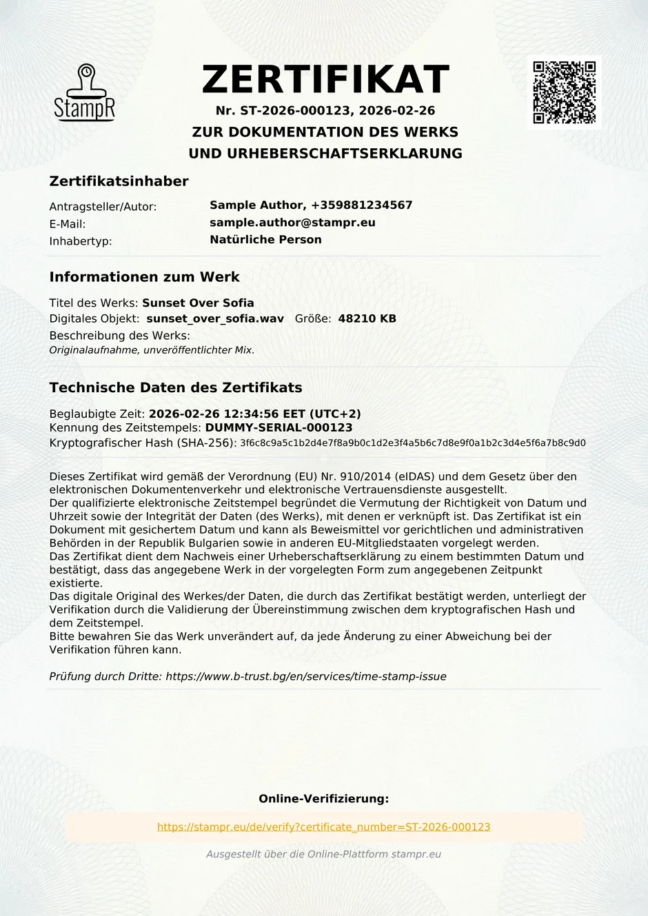 Ein echtes von StampR ausgestelltes Urheberschaftszertifikat