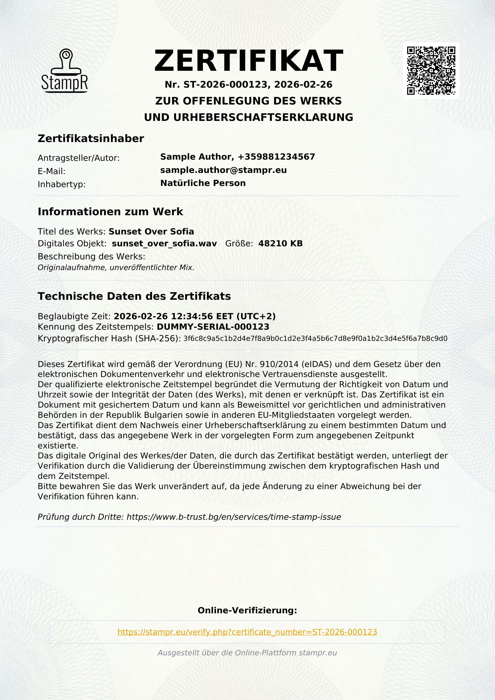 Ein echtes von StampR ausgestelltes Urheberschaftszertifikat