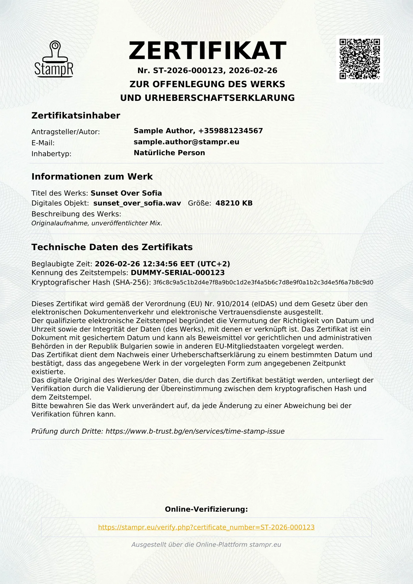 Vollansicht eines echten StampR-Urheberschaftszertifikats.