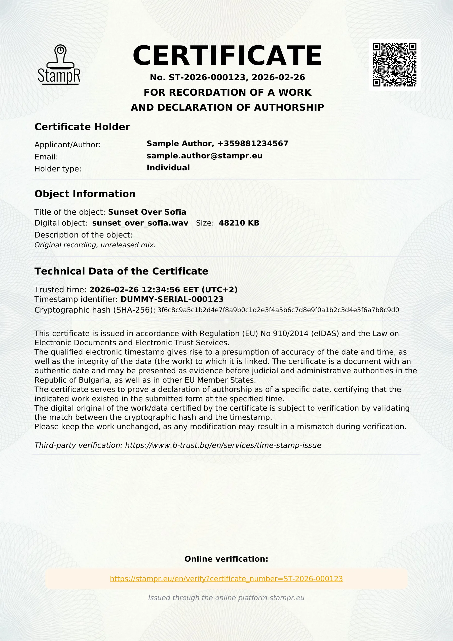 A real authorship certificate, full view