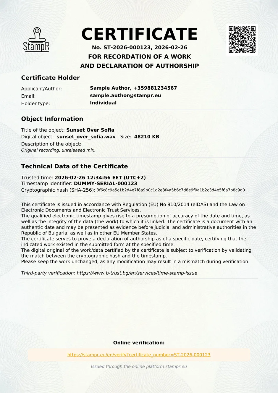 A real authorship certificate issued by StampR