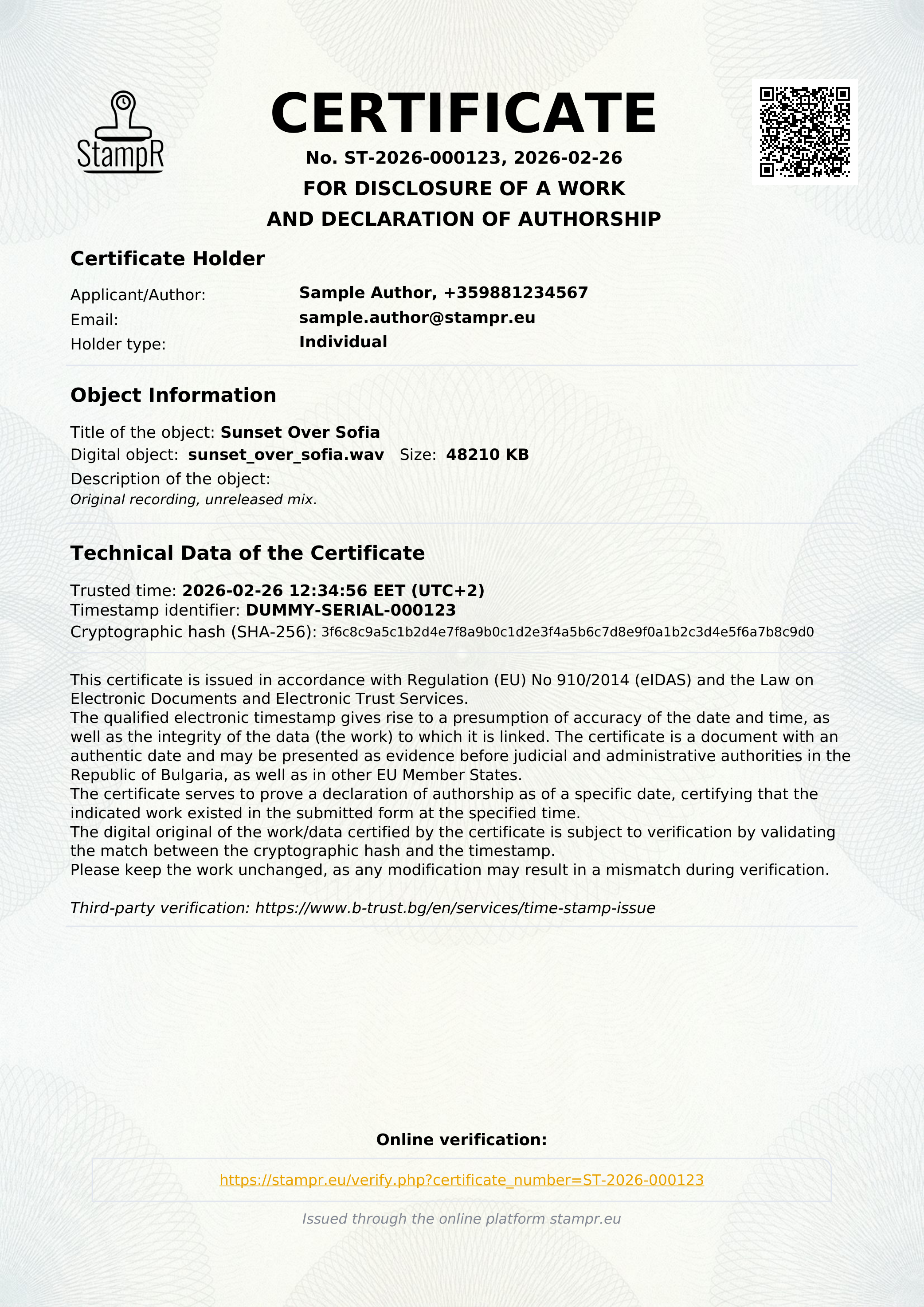 A real authorship certificate issued by StampR