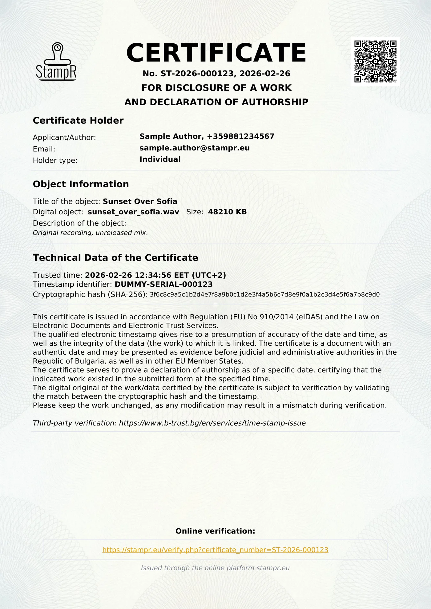 Full view of a real StampR authorship certificate.