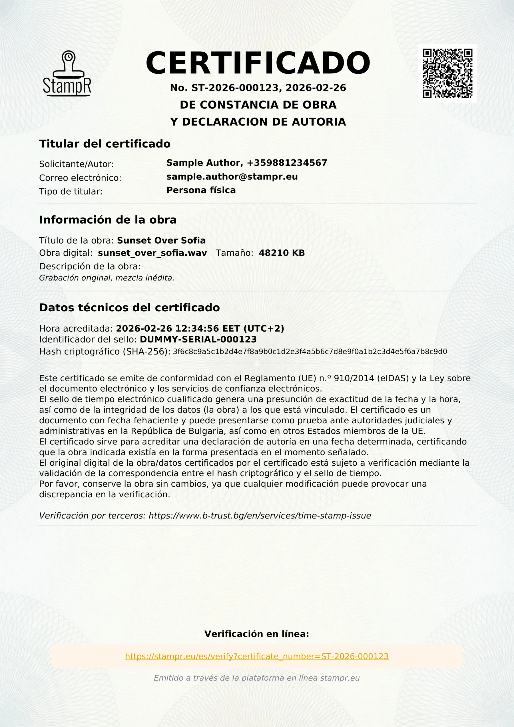 Un certificado de autoría real, vista completa