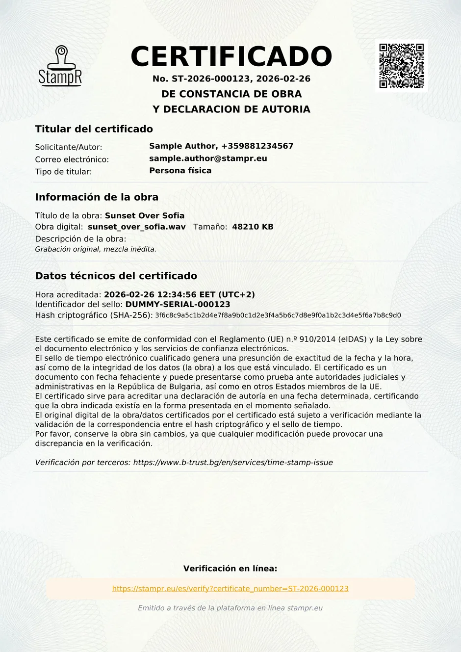 Un certificado de autoría real emitido por StampR