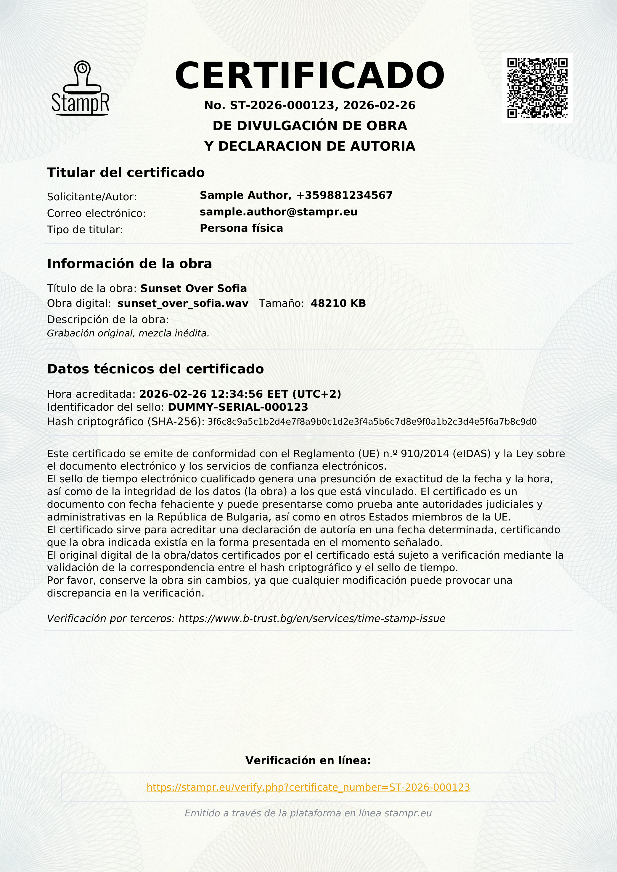 Un certificado de autoría real emitido por StampR
