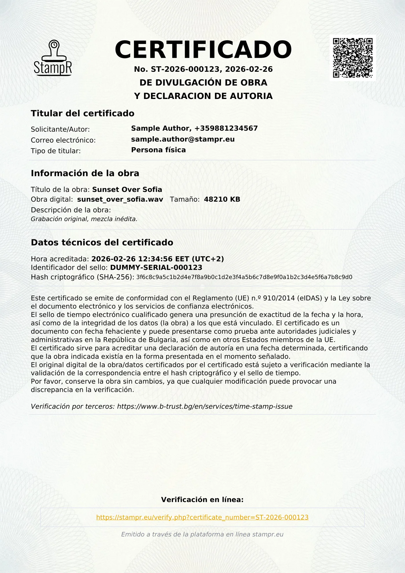 Vista completa de un certificado de autoría real de StampR.
