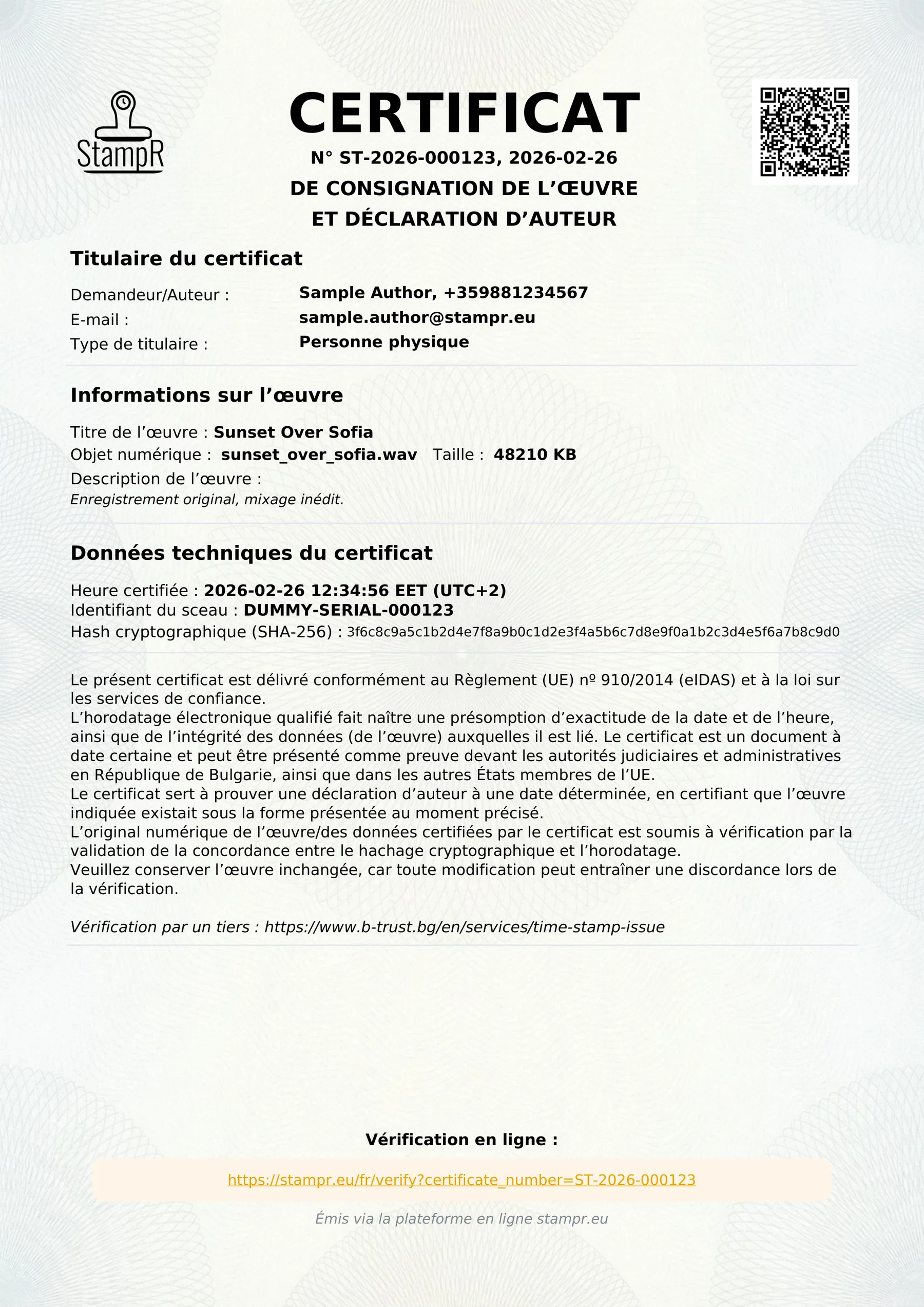 Un certificat de paternité réel, vue complète