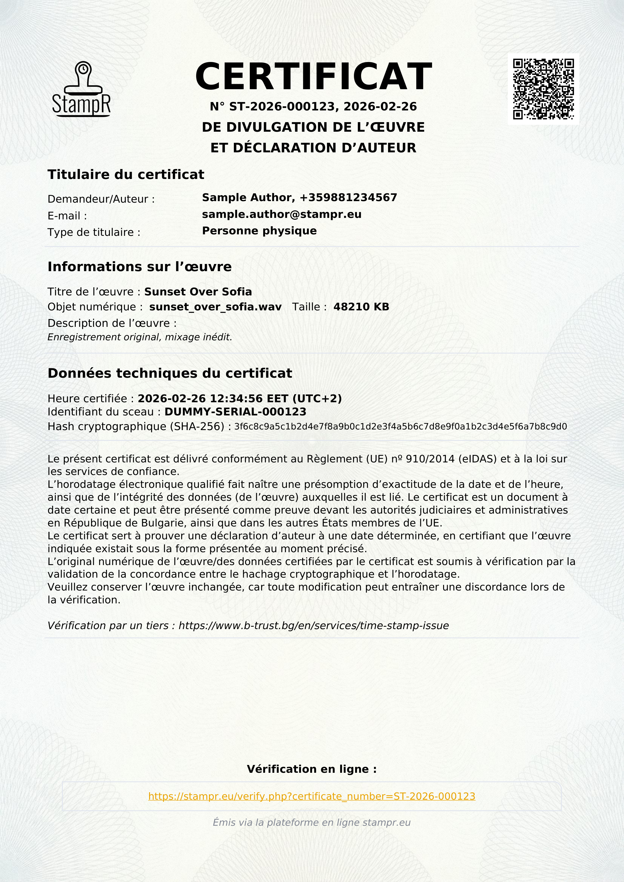 Un certificat d’auteur réel délivré par StampR