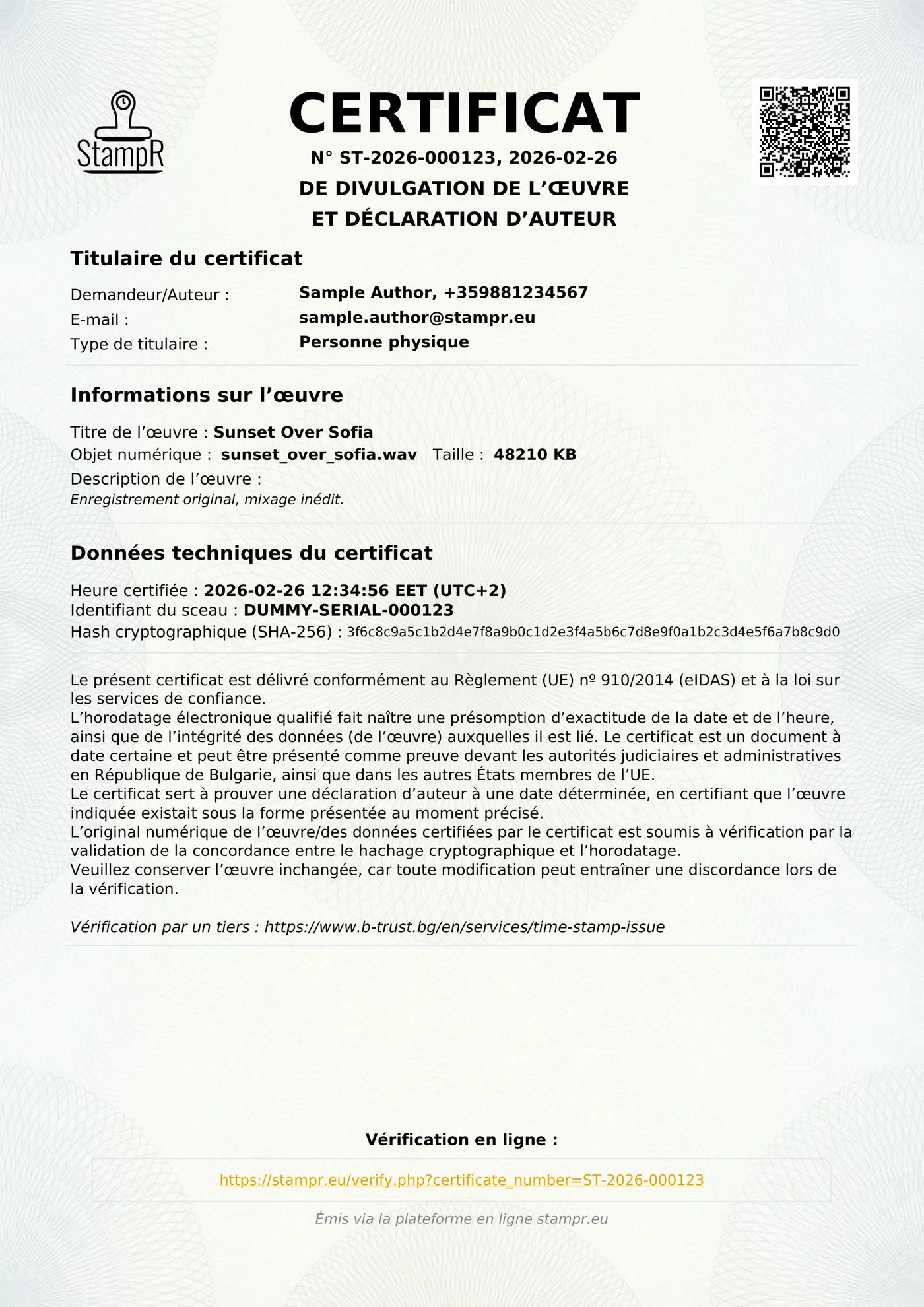 Vue complète d’un véritable certificat d’auteur StampR.