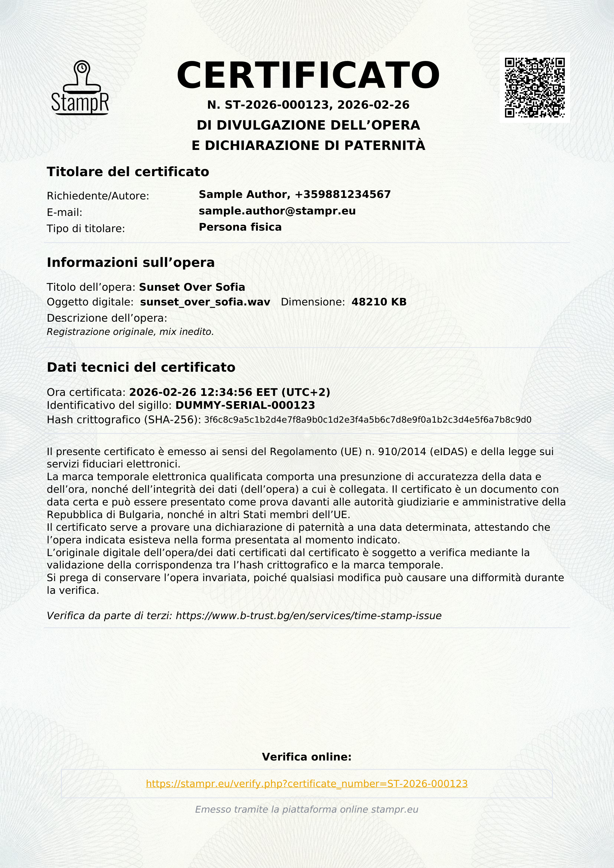 Un vero certificato di paternità rilasciato da StampR