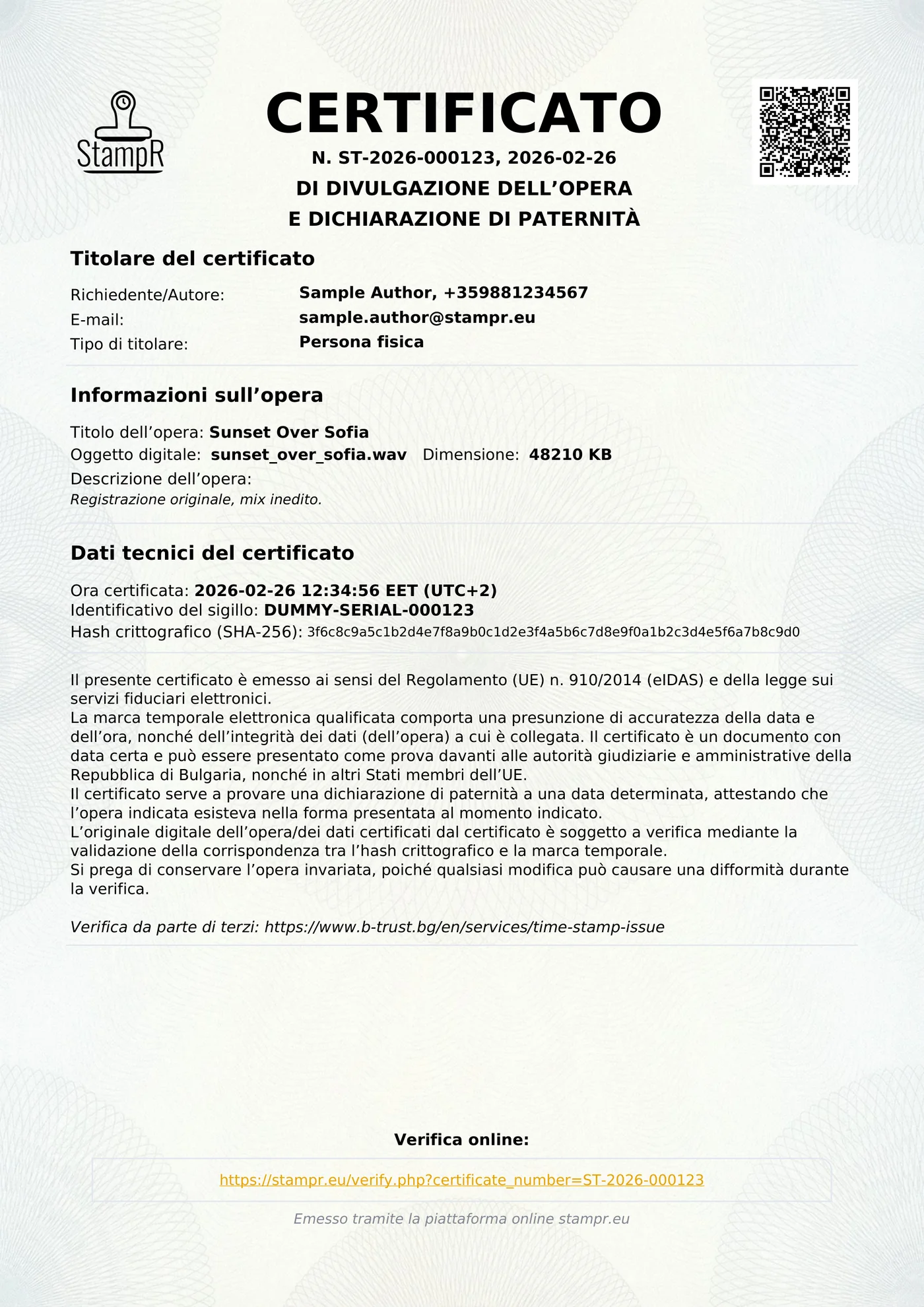 Vista completa di un vero certificato di paternità StampR.